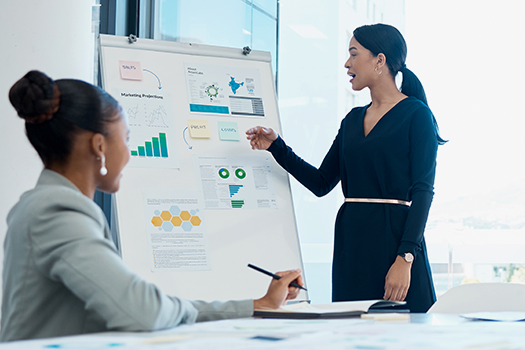 Woman presenting to her colleague at meeting