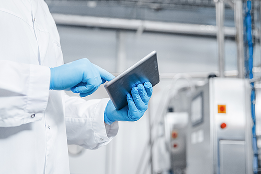 food safety worker looking at tablet