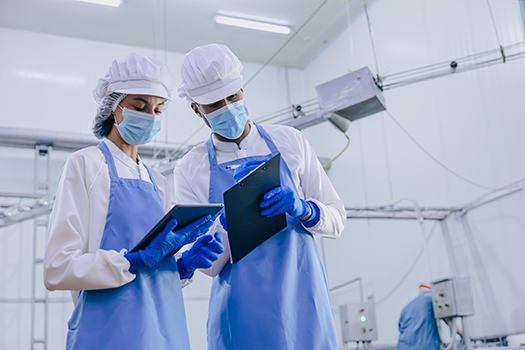 two sanitation workers in food plant looking at tablets