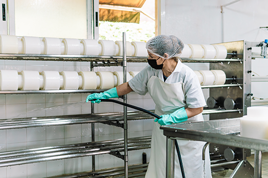 woman hosing down food processing equipment